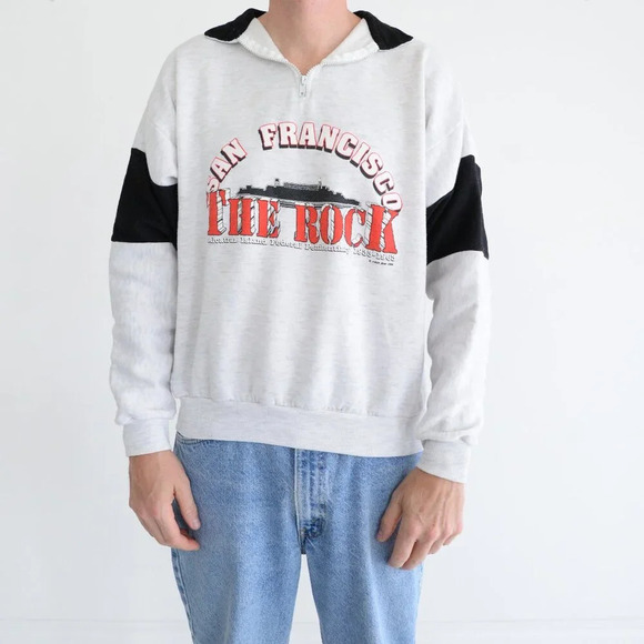 Vintage San Francisco The Rock Alcatraz Gray Black Half Zip Pull Over Sweater L - Picture 1 of 11